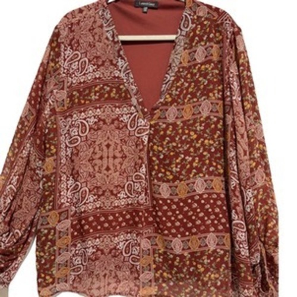 Laurel Grey XXL Earthy Paisley Floral Patchwork Blouse V-Neck Balloon Sleeve